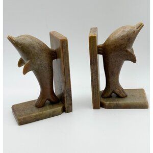 Vintage Hand Carved Soapstone Dolphin Bookends - NOS-New